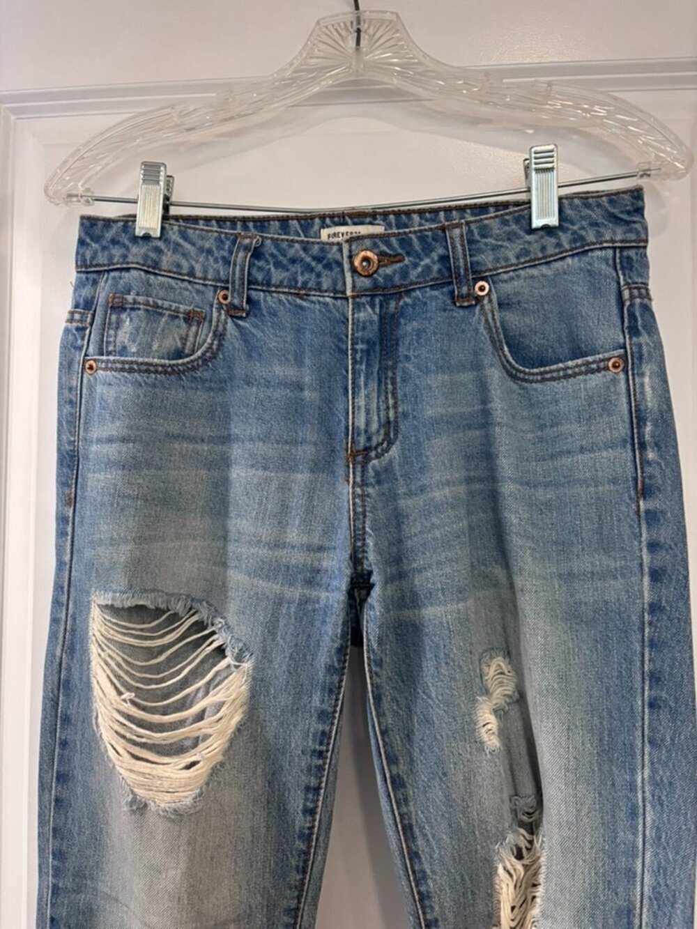 Forever 21 Medium Wash Distressed Cuffed Jeans - Picture 2 of 7